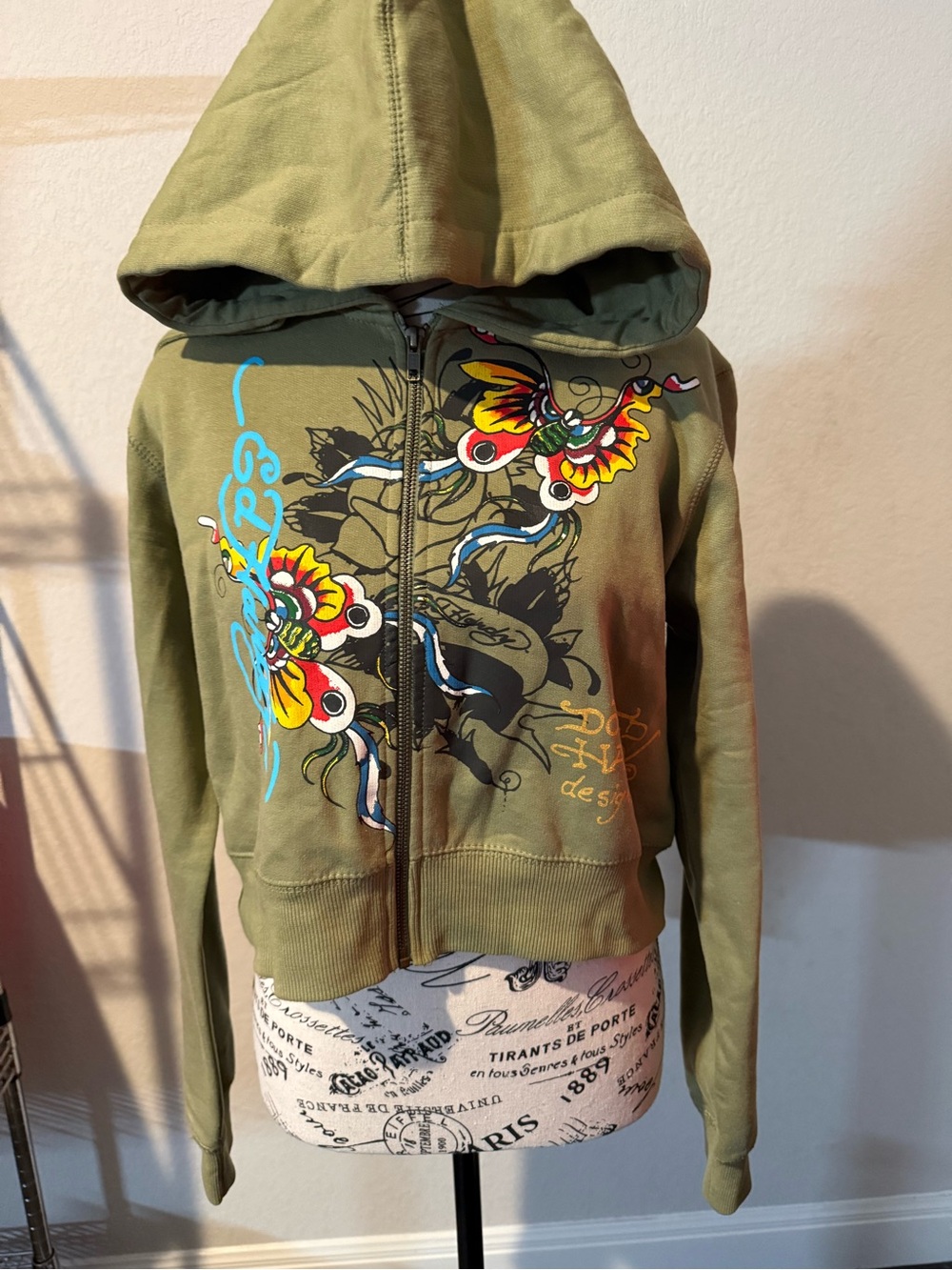Ed Hardy Olive Green Hooded Zip Jacket with Floral Graphic